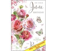 Jonny Javelin Artistic Female Birthday Card (JJ-SG78) - June Birthday, Pink Roses - Foil, Flitter & Embossed Finish