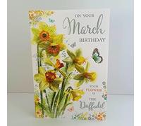 Jonny Javelin Artistic Female Birthday Card, March Birthday, Daffodil | Embossed Foil & Flitter Finish, Illustrated Inner, Made in the UK