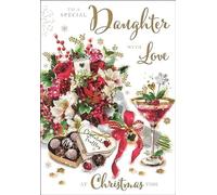 Jonny Javelin Artistic Female Relation Christmas Greeting Card - Daughter - Floral Festive Bouquet & Chocolates Illustration - From The Mistletoe Range - With A Gold Foil And Red Flitter Finish