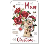 Jonny Javelin Artistic Female Relation Christmas Greeting Card - Mum - Bear With Bouquet of Red Roses Illustration - From The Fudge & Friends Range - With A Silver Foil And Red Flitter Finish