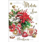Jonny Javelin Artistic Female Relation Christmas Greeting Card - Mum - Poinsettia Bouquet Illustration - From The Mistletoe Range - With A Gold Foil And Red Flitter Finish