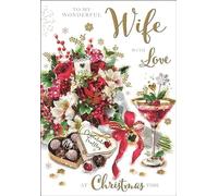 Jonny Javelin Artistic Female Relation Christmas Greeting Card - Wife - Floral Festive Bouquet & Chocolates Illustration - From The Mistletoe Range - With A Gold Foil And Red Flitter Finish