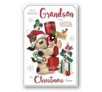 Jonny Javelin Artistic Male Relation Christmas Greeting Card - Grandson - Teddy Bear With Christmas Cracker Illustration - From The Fudge & Friends Range - With A Silver Foil And Red Flitter Finish