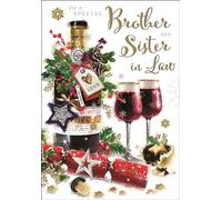 Jonny Javelin Artistic Relation Christmas Greeting Card - Brother & Sister-in-Law - Bottle of Port & Glasses Illustration - From The Mistletoe Range - With A Gold Foil And Red Flitter Finish