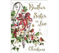 Jonny Javelin Artistic Relation Christmas Greeting Card - Brother & Sister-in-Law - Festive Lantern & Robin Illustration - From The Mistletoe Range - With A Gold Foil And Red Flitter Finish