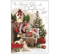 Jonny Javelin Artistic Relation Christmas Greeting Card - Son and Daughter-in-Law - Cosy Christmas Lounge & Puppies Illustration - From The Velvet Range - With A Silver Foil And Red Flitter Finish