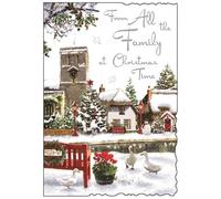 Jonny Javelin Artistic Xmas Greeting Card - From All the Family - Scenic Village Duck Pond Illustration - From The Velvet Range - w/ A Silver Foil & Red Flitter Finish, Multicoloured, 157 x 228mm