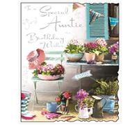 Jonny Javelin Auntie Birthday Card - Flowers & Bunting In Garden 9" x 6.25" Code V324