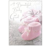Jonny Javelin Baby Girl Card - Artistic Baby Shoes and Present Design - Embossed Foil Finish with Flitter - New Baby Congratulations Card
