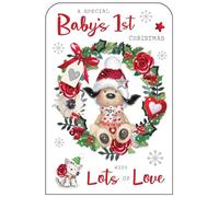 Jonny Javelin Baby's First Christmas Card - Cuddly Dog and Wreath with Foil, Flitter and Embossed Details
