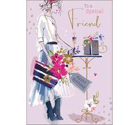 Jonny Javelin Birthday Card for Friend - Feminine Design with Floral Gifts & Prosecco - Embossed Foil Finish - Stylish Birthday Greeting Card for a Special Friend - For Her