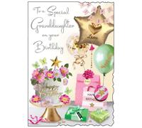 Jonny Javelin Birthday Card for Granddaughter - Pretty Floral Cake & Balloons Design - Embossed Silver Foil Finish - Premium Greeting Card with Envelope