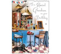 Jonny Javelin Birthday Card for Grandson - Pub and Dog Design - Embossed Foil Details - Artistic Birthday Greeting Card for a Special Grandson