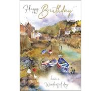Jonny Javelin Birthday Card for Men - Scenic Coastal Harbour Design - Foil Finish - Artistic Birthday Greeting Card
