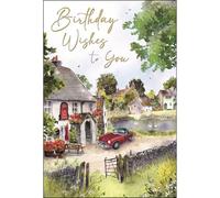 Jonny Javelin Birthday Card for Men - Scenic Country Pub & Classic Car Design - Foil Finish - Artistic Birthday Card