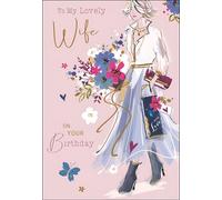Jonny Javelin Birthday Card for Wife - Floral Bouquet & Gift Design - Embossed Foil Finish - Elegant Birthday Greeting Card to a Lovely Wife - For Her