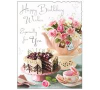 Jonny Javelin Birthday Card for Women - Pretty Floral Afternoon Tea Design - Foil and Flitter Finish - Die-cut Edge - Birthday Greeting Card