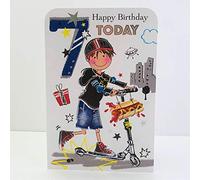 Jonny Javelin Boy Age 7 Happy Birthday Card - Boy On Scooter
