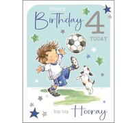 Jonny Javelin Boys 4th Birthday Card - Cute Football and Dog Design - Foil and Flitter Finish - Age 4 Card for Him - Fourth Birthday Greeting Card