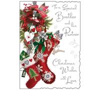 Jonny Javelin Brother and His Partner Christmas Card - Christmas Stockings and Decorations - Artistic Festive Design - Special Finishes and Illustrated Insert Leaf - Made in the UK