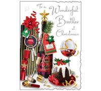 Jonny Javelin Brother Christmas Card - Wonderful Brother - Festive Food and Drinks - Artistic Design - Special Finishes and Illustrated Insert Leaf - Made in the UK