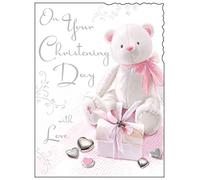 Jonny Javelin 'Christening Day' Card - with Love - White and Pink Teddy - Silver Foil Flittered Finish