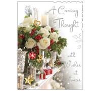 Jonny Javelin Christmas Card 'A Caring Thought' - Sentimental Festive Floral Design - Embossed Foil & Flitter Finish - Premium Quality Christmas Greeting Card with Envelope