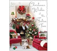 Jonny Javelin Christmas Card -Dog and Fireplace Design - Foil and Flitter Finish - Festive Christmas Greeting Card for Him/Her