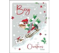 Jonny Javelin Christmas Card for a Boy - Cute Dog Sledging in the Snow - Foil and Flitter Details - Festive Christmas Greeting Card for Him