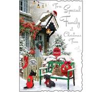 Jonny Javelin Christmas Card for a Family - Festive Front Porch Design - Embossed Foil Finish - Fluted Edges - Christmas Greeting Card to a Special Family
