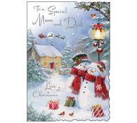 Jonny Javelin Christmas Card for a Special Mum and Dad, Snowman Design | Snowman Couple, Heartfelt Verse, Embossed Foil & Flitter Finish, Die-Cut Edge, Illustrated Insert Leaf, Made in the UK