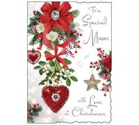 Jonny Javelin Christmas Card for a Special Mum, Red Heart & Foliage | Heartfelt Verse, Embossed Foil and Flitter Finish, Die-Cut Edge, Illustrated Insert Leaf, Made in the UK