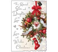 Jonny Javelin Christmas Card for a Special Son and Daughter in Law | Dove & Wreath Design, Heartfelt Verse, Embossed Foil & Flitter Finish, Die-Cut Edge, Illustrated Insert Leaf, Made in the UK