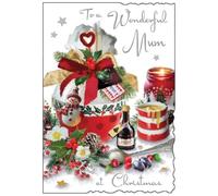 Jonny Javelin Christmas Card for a Wonderful Mum, Festive Christmas Pudding | Heartfelt Verse, Embossed Foil and Flitter Finish, Die-Cut Edge, Illustrated Insert Leaf, Made in the UK