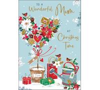 Jonny Javelin Christmas Card for a Wonderful Mum, Heart Poinsettia & Robins | Heartfelt Verse, Embossed Foil and Flitter Finish, Illustrated Insert Leaf, Made in the UK