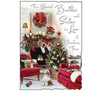 Jonny Javelin Christmas Card for Brother and Sister in Law - Festive Home and Puppies - Embossed Foil and Flitter Finish - Lovely Christmas Greeting Card for a Special Couple
