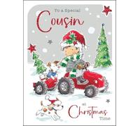 Jonny Javelin Christmas Card for Cousin - Cute Boy, Tractor and Dogs Design - Foil and Flitter Finish - Festive Christmas Greeting Card for a Special Cousin - For Boys