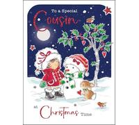 Jonny Javelin Christmas Card for Cousin - Cute Girl and Snowman Design - Foil and Flitter Finish - Festive Christmas Greeting Card for a Special Cousin - For Girls