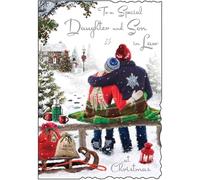 Jonny Javelin Christmas Card for Daughter and Son in Law - Couple on Snowy Bench - Embossed Foil and Flitter Finish - Festive Christmas Greeting Card for a Special Couple