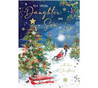 Daughter and Son-in-Law Christmas Card - Special Daughter and Son-in-Law - Couple Sledging in the Snow - Artistic Festive Design - Special Finishes and Illustrated Insert Leaf - Made in the UK