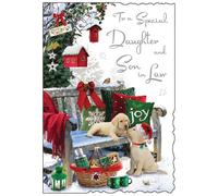 Jonny Javelin Christmas Card for Daughter and Son in Law - Cute Puppies in the Snow Design - Embossed Foil and Flitter Finish - Festive Christmas Greeting Card for a Special Couple