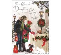 Jonny Javelin Christmas Card for Daughter & Son in Law - Festive Couple, Squirrel & Dog in the Snow - Foil Finish - Premium Quality Special Christmas Greeting Card with Envelope