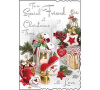 Jonny Javelin Christmas Card for Friend - Festive Lantern and Hot Chocolate - Embossed Foil Finish - Artistic Christmas Greeting Card for a Special Friend - For Men or for Women