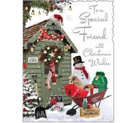 Jonny Javelin Christmas Card for Friend - Snowman and Garden Shed - Embossed Foil Finish - Festive Christmas Greeting Card for Special Friend - For Men