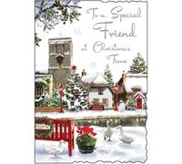 Jonny Javelin Christmas Card for Friend - Snowy Church and Pond Scene - Embossed Foil and Flitter Details - Festive Christmas Greeting Card for a Special Friend
