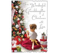 Jonny Javelin Christmas Card for Granddaughter - Girl and Festive Tree Design - Embossed Foil and Flitter Finish - Artistic Christmas Greeting Card for a Wonderful Granddaughter - For Her