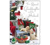 Jonny Javelin Christmas Card for Granddaughter & her Husband - Festive Puppies in the Snow - Embossed Foil & Flitter Finish - Premium Quality Special Christmas Greeting Card with Envelope
