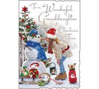 Jonny Javelin Christmas Card for Granddaughter - Snowman Building Design - Embossed with Foil & Flitter Finishes - Artistic Christmas Greeting Card to a Wonderful Granddaughter - For Her