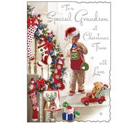 Jonny Javelin Christmas Card for Grandson - Boy and Festive Stocking - Embossed Foil and Flitter Finish - Artistic Christmas Greeting Card for a Special Grandson - For Him