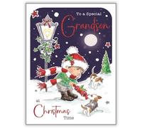Jonny Javelin Christmas Card for Grandson - Cute Boy and Dogs in the Snow Design - Foil and Flitter Finish - Festive Christmas Greeting Card for a Special Grandson - For Boys